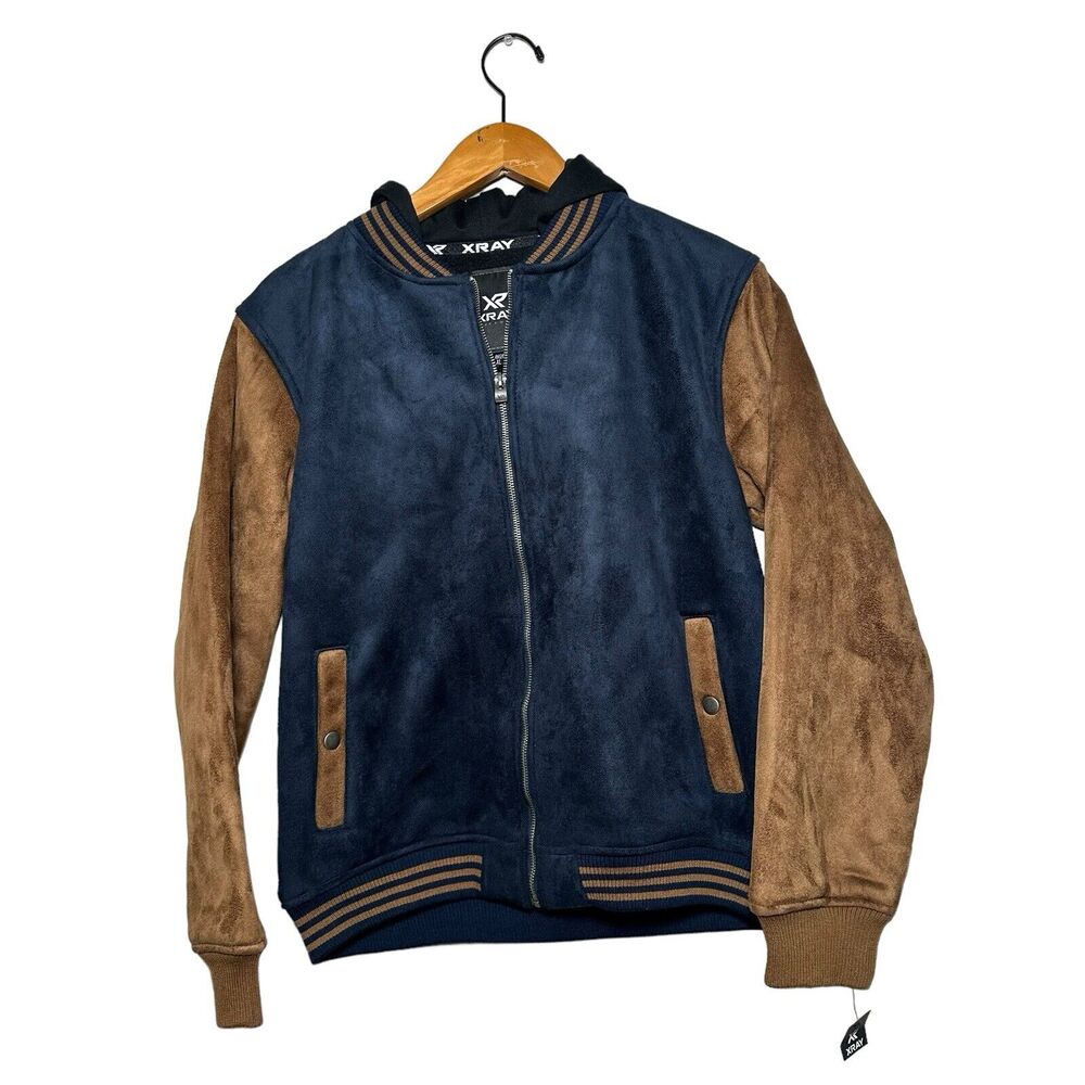 XRay Jeans Boy’s Blue Brown Faux Suede Zip Up Letterman Jacket Size XL NWT